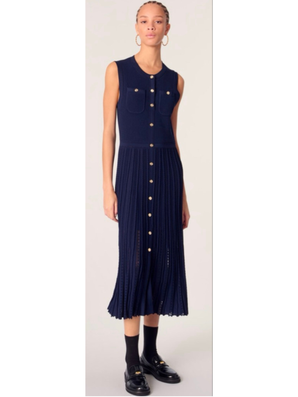 NWOT Maje Navy Pleated Knit Maxi Dress with Gold Buttons, Size 40/L 8-10 - Picture 2 of 5